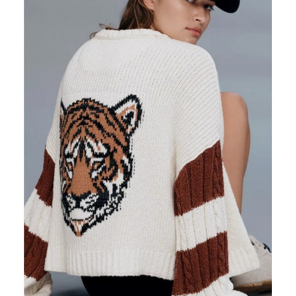 Pilcro Anthropologie Tiger Cable-Knit Cardigan XS Cream Brown Zip Sweater Boxy